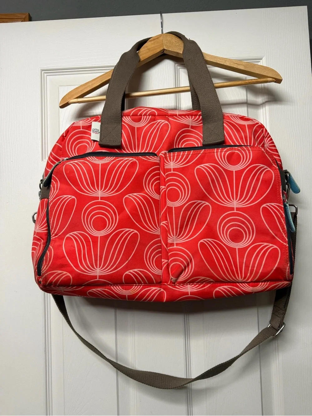 Red Orange Floral Tote Bag with Brown Straps - Orla Kiely Style